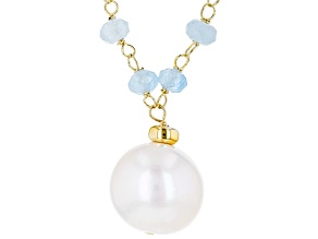 White Cultured Freshwater Pearl & Aquamarine 18k Yellow Gold Over Silver Necklace