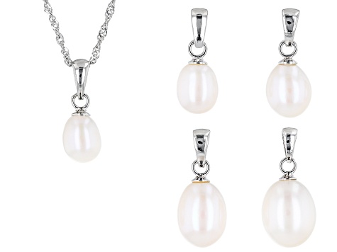 White Cultured Freshwater Pearl Rhodium Over Sterling Silver Necklace Set Of 5