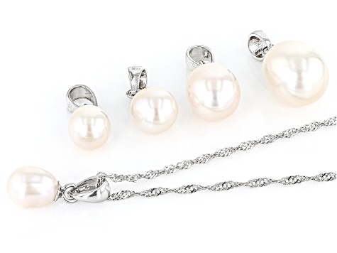 White Cultured Freshwater Pearl Rhodium Over Sterling Silver Necklace Set Of 5