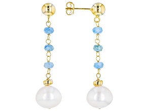 White Cultured Freshwater Pearl & Aquamarine 18k Yellow Gold Over Silver Earrings