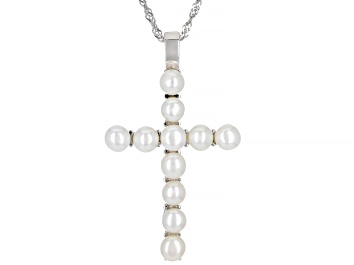 Picture of White Cultured Freshwater Pearl Rhodium Over Sterling Silver Cross Enhancer With Chain