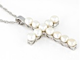White Cultured Freshwater Pearl Rhodium Over Sterling Silver Cross Enhancer With Chain