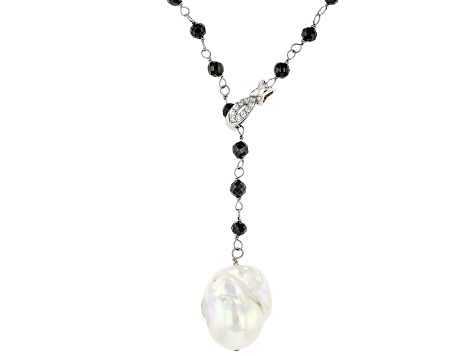 Genusis™ Cultured Freshwater Pearl, Black Spinel & Cubic Zirconia Rhodium Over Silver Necklace