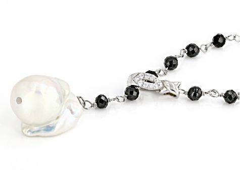 Genusis™ Cultured Freshwater Pearl, Black Spinel & Cubic Zirconia Rhodium Over Silver Necklace