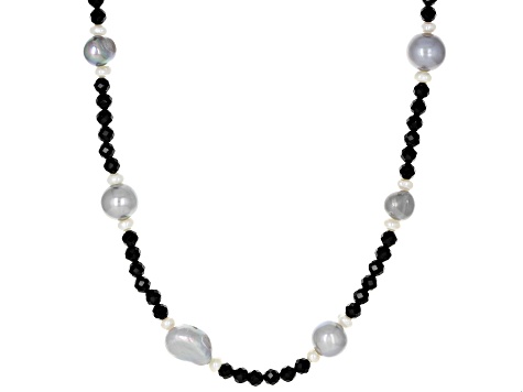 White & Platinum Cultured Freshwater Pearl With Black Spinel 36 Inch Endless Strand Necklace