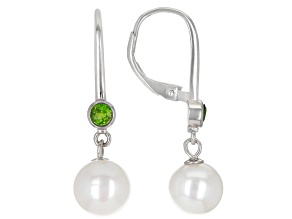 White Cultured Freshwater Pearl With Chrome Diopside Rhodium Over Sterling Silver Earrings