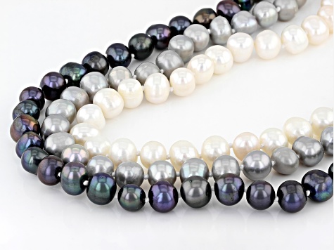 Multi-Color Freshwater Pearl Rhodium Over Sterling Silver Multi-Row Necklace