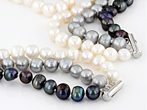 Multi-Color Freshwater Pearl Rhodium Over Sterling Silver Multi-Row Necklace