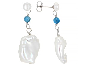 White Cultured Freshwater Pearl & Blue Apatite Rhodium Over Sterling Silver Earrings