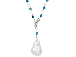 White Cultured Freshwater Pearl With Blue Apatite & Cubic Zirconia Rhodium Over Silver Necklace