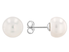 White Cultured Freshwater Pearl Rhodium Over Sterling Silver Stud Earrings