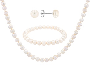 White Cultured Freshwater Pearl Rhodium Over Sterling Silver Necklace, Earrings, & Bracelet Set