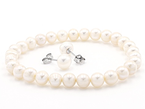 White Cultured Freshwater Pearl Rhodium Over Sterling Silver Necklace, Earrings, & Bracelet Set
