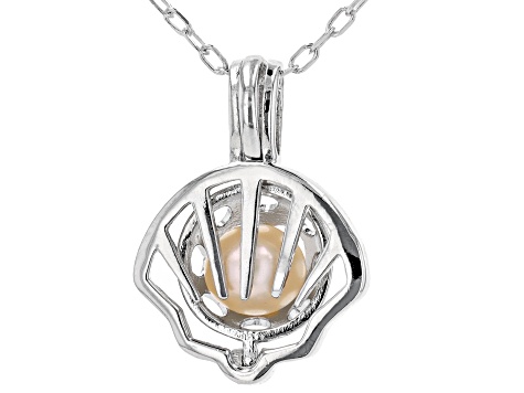 Wish® Pearl Cultured Freshwater Pearl Rhodium Over Silver Seashell Cage Pendant With Chain