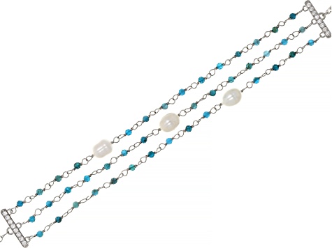 White Cultured Freshwater Pearl With Blue Apatite & Cubic Zirconia Rhodium Over Silver Bracelet