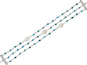 White Cultured Freshwater Pearl With Blue Apatite & Cubic Zirconia Rhodium Over Silver Bracelet