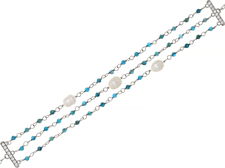 White Cultured Freshwater Pearl With Blue Apatite  Cubic Zirconia Rhodium  Over Silver Bracelet - MPL965 | JTV.com