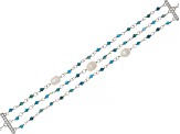 White Cultured Freshwater Pearl With Blue Apatite & Cubic Zirconia Rhodium Over Silver Bracelet