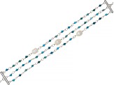 White Cultured Freshwater Pearl With Blue Apatite & Cubic Zirconia Rhodium Over Silver Bracelet