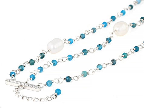 White Cultured Freshwater Pearl With Blue Apatite & Cubic Zirconia Rhodium Over Silver Bracelet