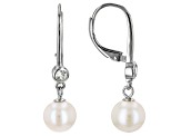 White Cultured Freshwater Pearl With White Zircon Rhodium Over Sterling Silver Earrings