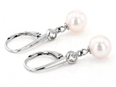 White Cultured Freshwater Pearl With White Zircon Rhodium Over Sterling Silver Earrings