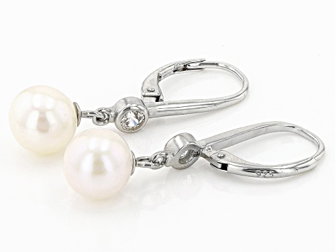 White Cultured Freshwater Pearl With White Zircon Rhodium Over Sterling Silver Earrings