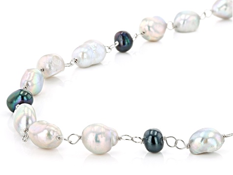 Blue & White Cultured Freshwater Pearl Rhodium Over Sterling Silver Necklace
