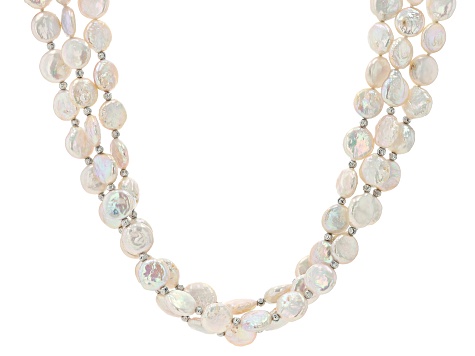 White Cultured Freshwater Coin Pearl Rhodium Over Sterling Silver Multi-Row Necklace