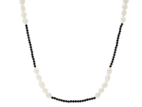 White Cultured Freshwater Pearl & Black Spinel 38 Inch Endless Strand ...