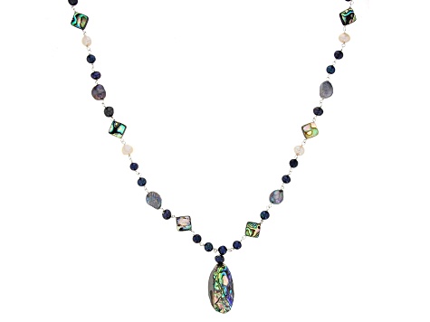 Blue Cultured Freshwater Pearl & Abalone Shell Rhodium Over Sterling Silver Necklace