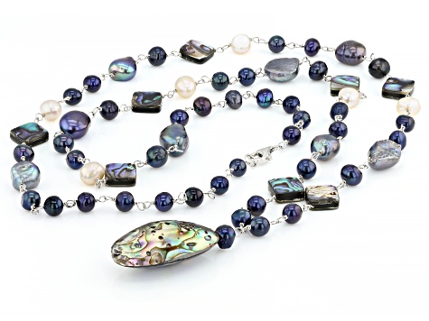 Blue Cultured Freshwater Pearl & Abalone Shell Rhodium Over Sterling Silver Necklace