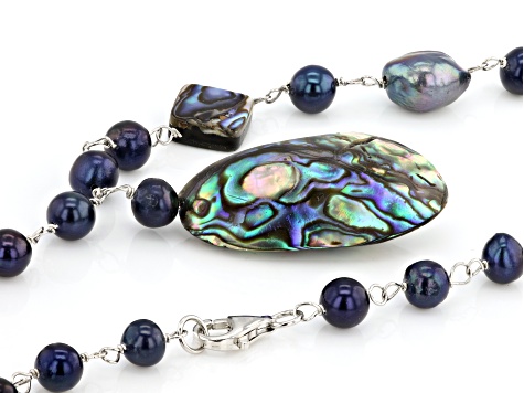 Blue Cultured Freshwater Pearl & Abalone Shell Rhodium Over Sterling Silver Necklace