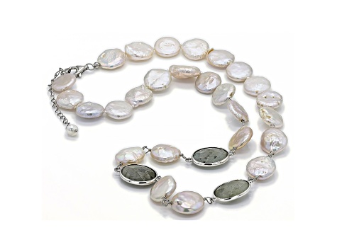 White Cultured Freshwater Pearl With Labradorite Rhodium Over Silver Necklace