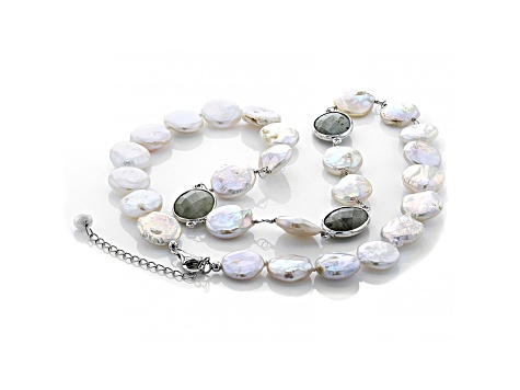 White Cultured Freshwater Pearl With Labradorite Rhodium Over Silver Necklace