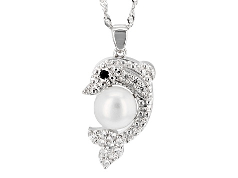Cultured Freshwater Pearl With White Zircon & Black Spinel Rhodium Over Silver Dolphin Pendant/Chain