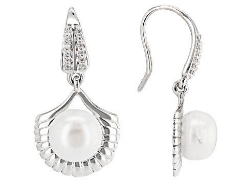 White Cultured Freshwater Pearl With White Zircon Rhodium Over Sterling Silver Earrings