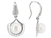 White Cultured Freshwater Pearl With White Zircon Rhodium Over Sterling Silver Earrings