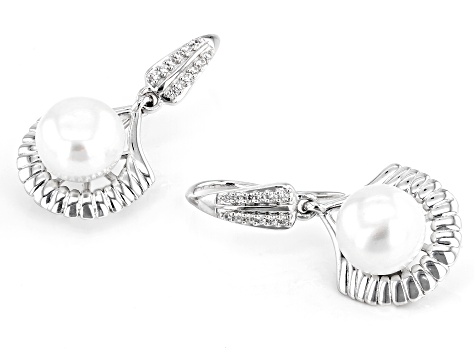 White Cultured Freshwater Pearl With White Zircon Rhodium Over Sterling Silver Earrings