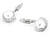 White Cultured Freshwater Pearl With White Zircon Rhodium Over Sterling Silver Earrings
