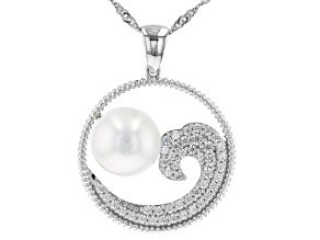 White Cultured Freshwater Pearl With White Zircon Rhodium Over Silver Pendant