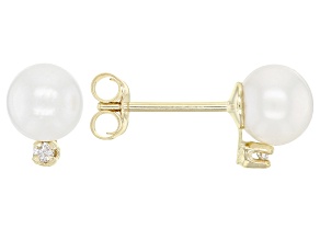 White Cultured Freshwater Pearl & White Diamond 14k Yellow Gold Stud Earrings