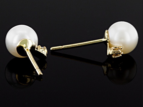 White Cultured Freshwater Pearl & White Diamond 14k Yellow Gold Stud Earrings