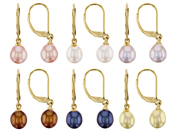 Picture of Multi-Color Cultured Freshwater Pearls 18k Yellow Gold Over Sterling Silver Earrings Set of 6