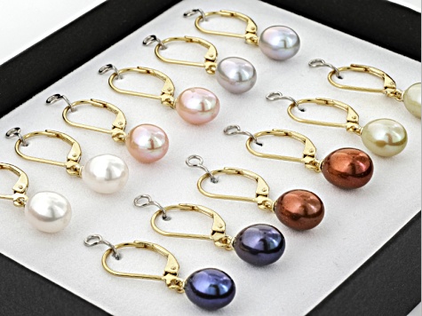 Multi-Color Cultured Freshwater Pearls 18k Yellow Gold Over Sterling Silver Earrings Set of 6