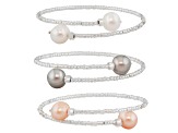 White, Silver, Pink Cultured Freshwater Pearl Stainless Steel Silver Bangle Set