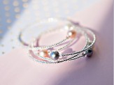 White, Silver, Pink Cultured Freshwater Pearl Stainless Steel Silver Bangle Set