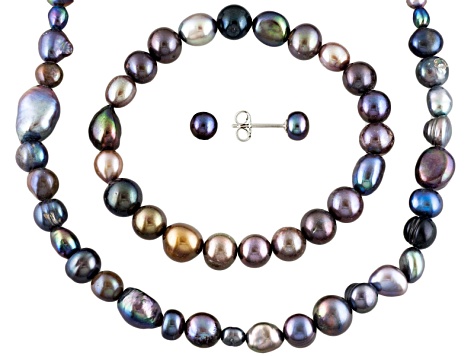 Multi-Color Cultured Freshwater Pearl Rhodium Over Sterling Silver Jewelry Sets