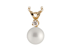 7-7.5mm Cultured Freshwater Pearl With Diamond 14k Yellow Gold Pendant