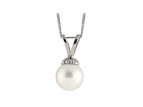 8-8.5mm White Cultured Freshwater Pearl Rhodium Over Sterling Silver Pendant With Chain